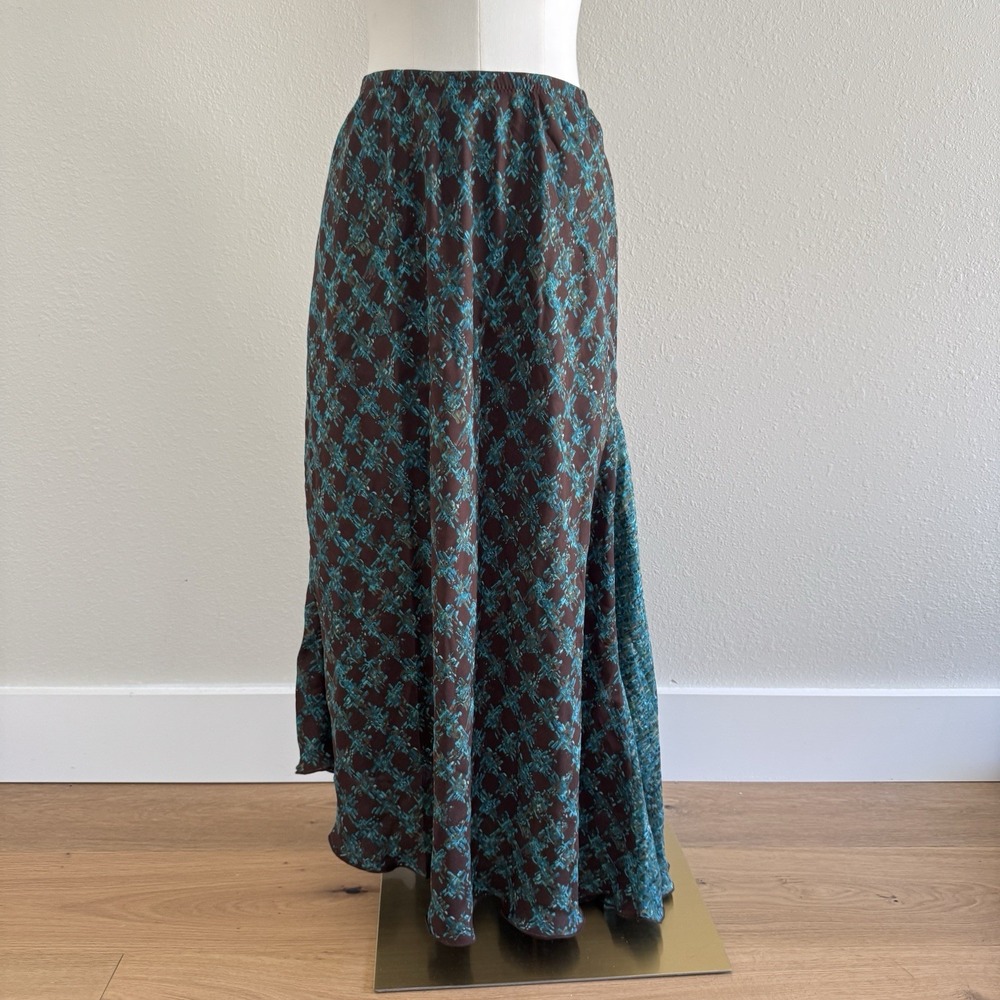 VTG 90s Y2K Reversible Maxi Skirt Sz S/M Brown Teal Flowy Abstract Artsy Fairy